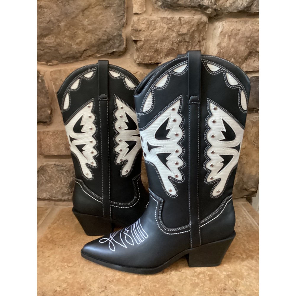Madden Girl Saloonn Black White Butterfly Wing Studded Western Cowboy Boots‎ 7